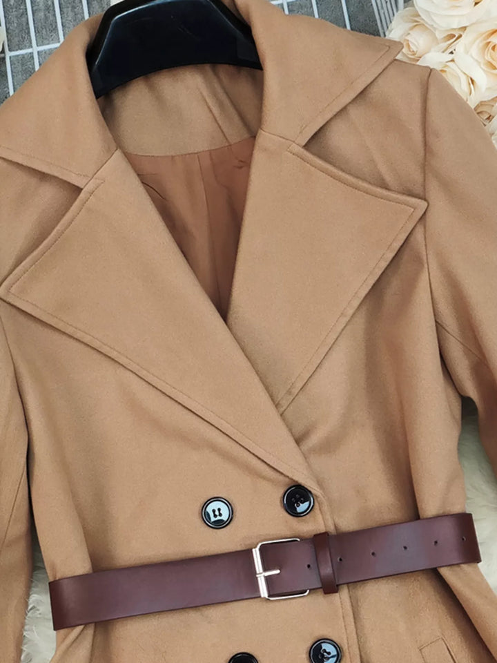 Double-breasted belted midi coat with notch lapel