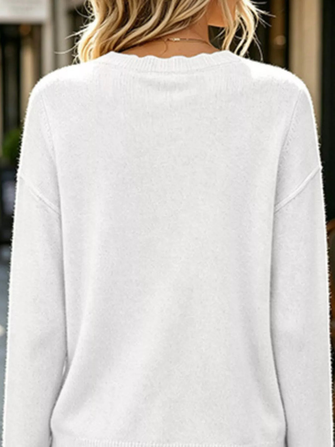 Scalloped trim crew neck pullover sweater