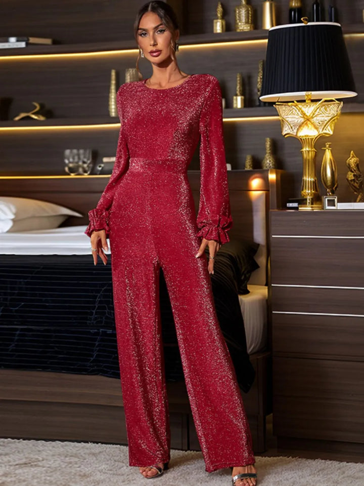 Deep Red Glitter knit cutout back long sleeve wide leg jumpsuit