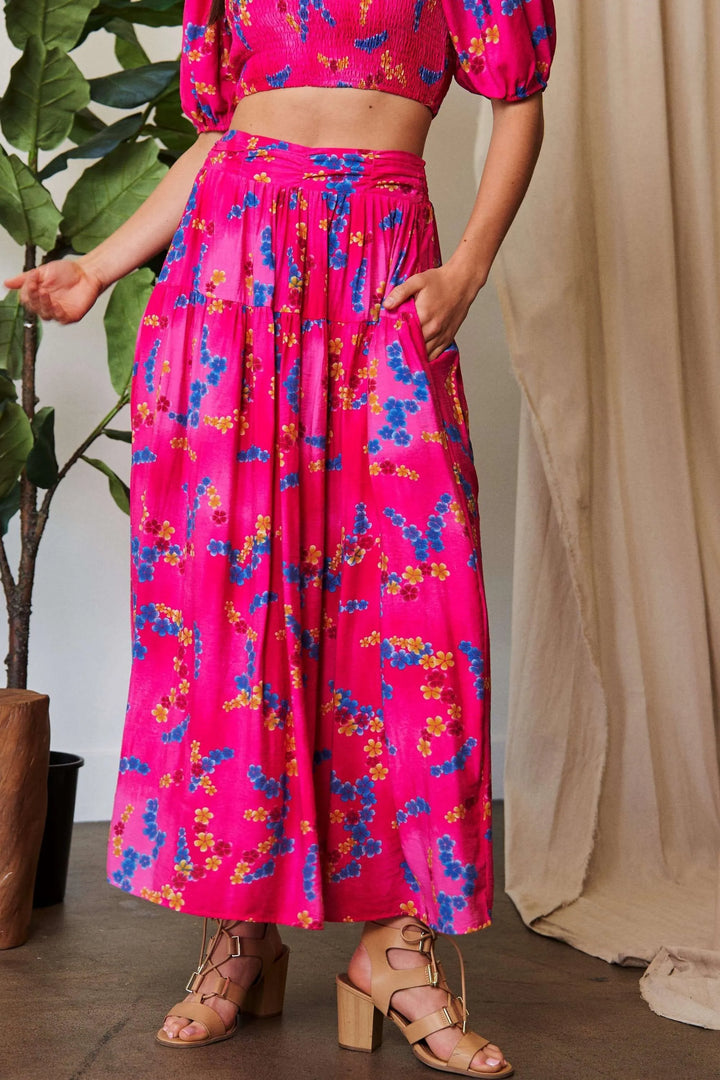 Floral smocked waistband ruffled maxi skirt with pockets