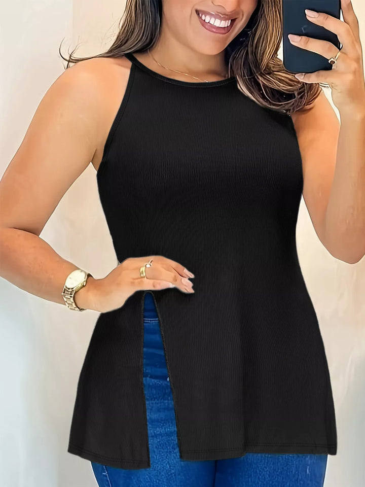 Black Plus size ribbed round-neck cami with side slit