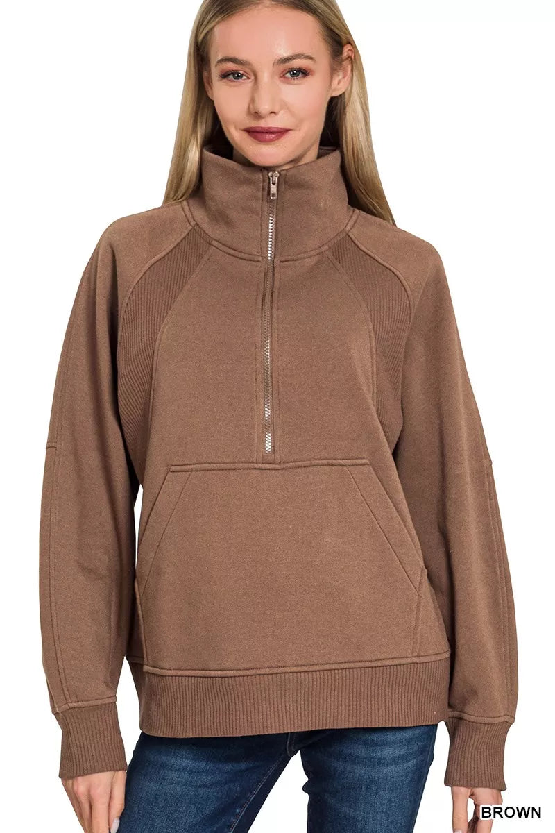 BROWN Half-zip fleece pullover with kangaroo pocket