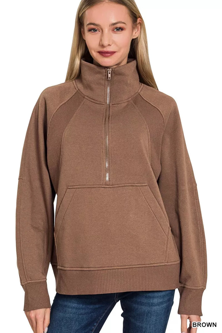 BROWN Half-zip fleece pullover with kangaroo pocket
