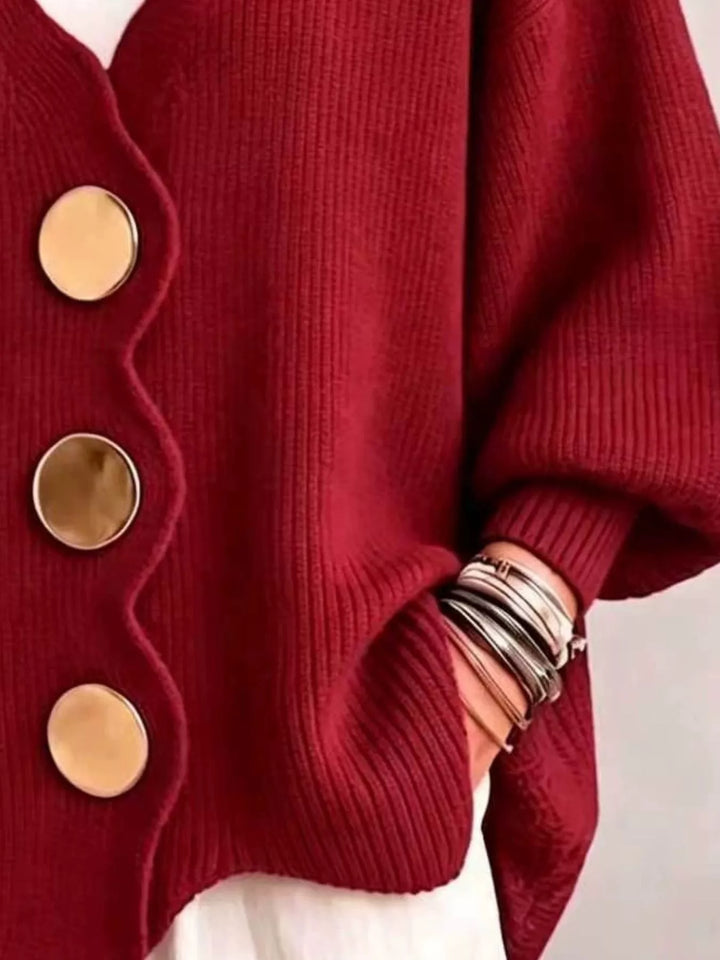 Scalloped-edge ribbed knit oversized button-down cardigan