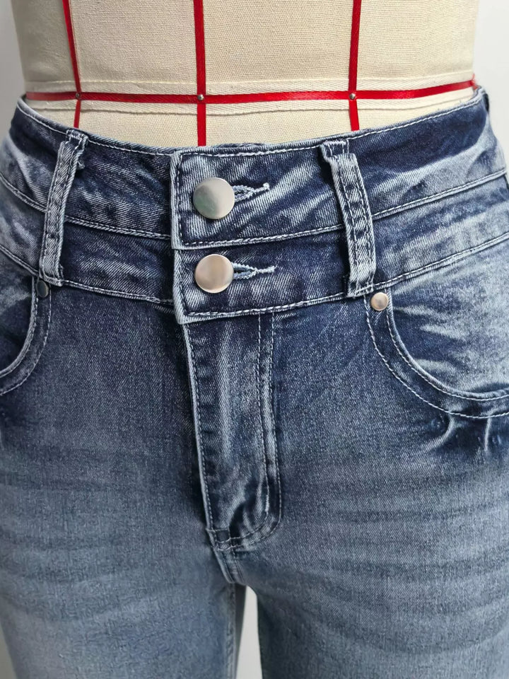 Faded high-rise flare jeans with double-button waist