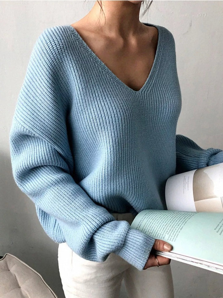 Sky Blue Ribbed knit V-neck sweater with dropped shoulders