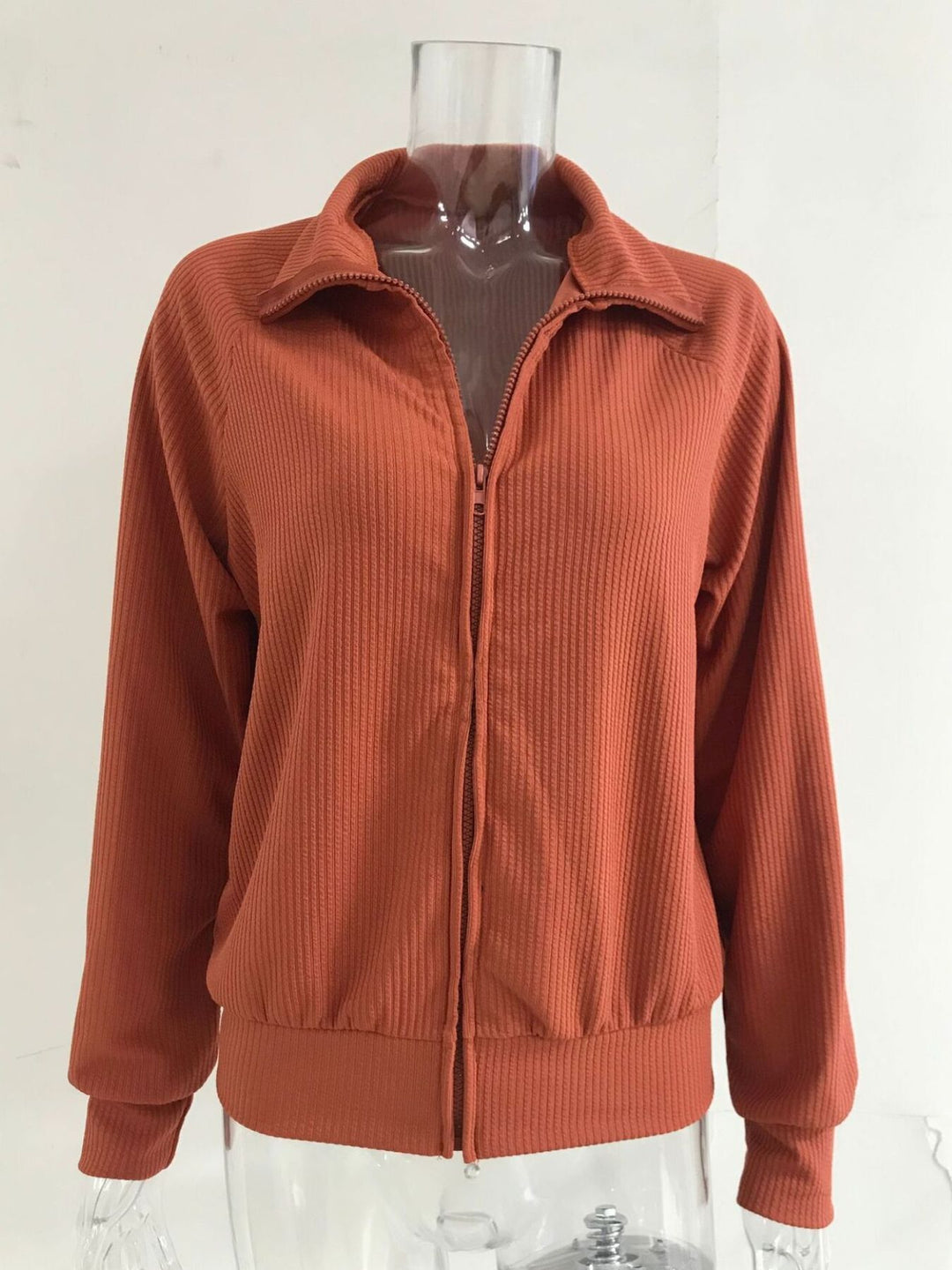 Ribbed knit zip-up cardigan with collar and pockets