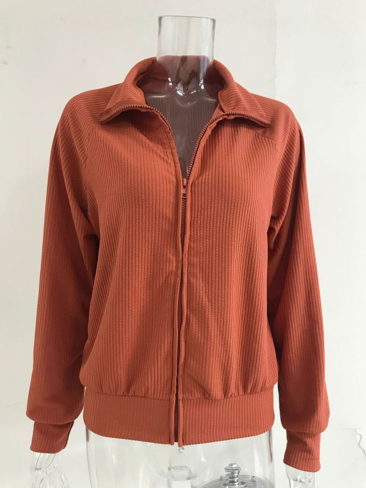 Ribbed knit zip-up cardigan with collar and pockets
