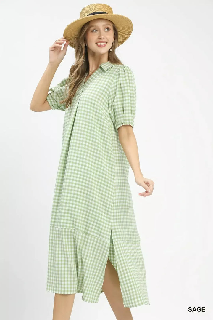 Gingham collared midi dress with tiered hem and pockets