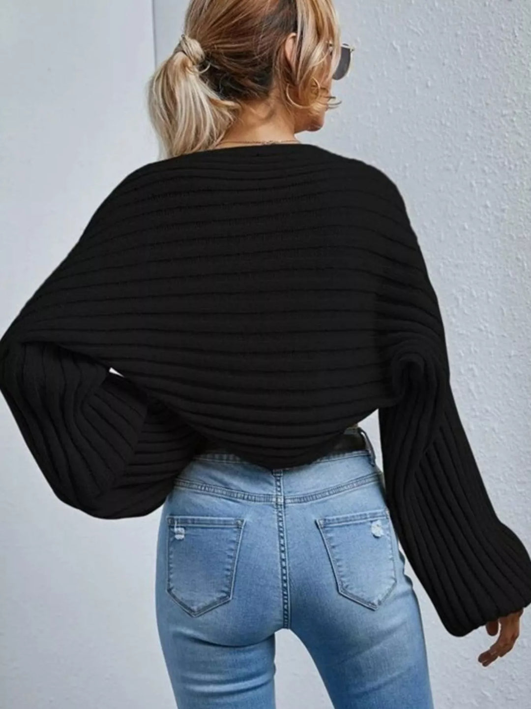 Cropped ribbed knit shrug cardigan with balloon sleeves