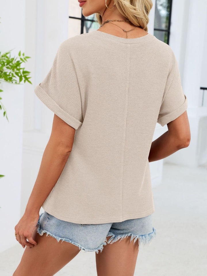 Crochet lace yoke waffle knit short sleeve top