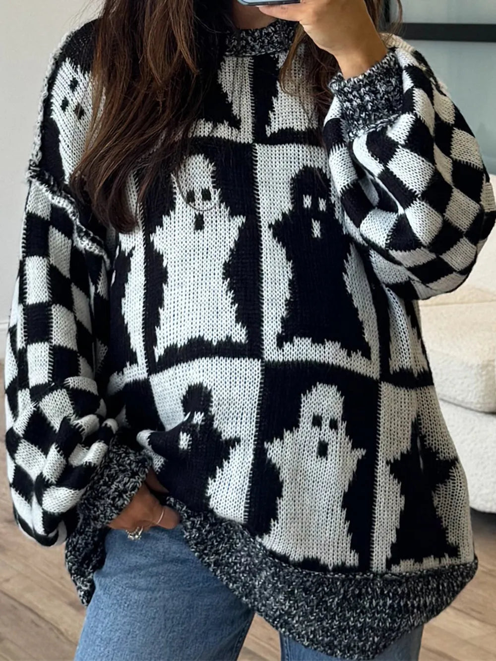 Ghost checkerboard oversized drop shoulder knit sweater
