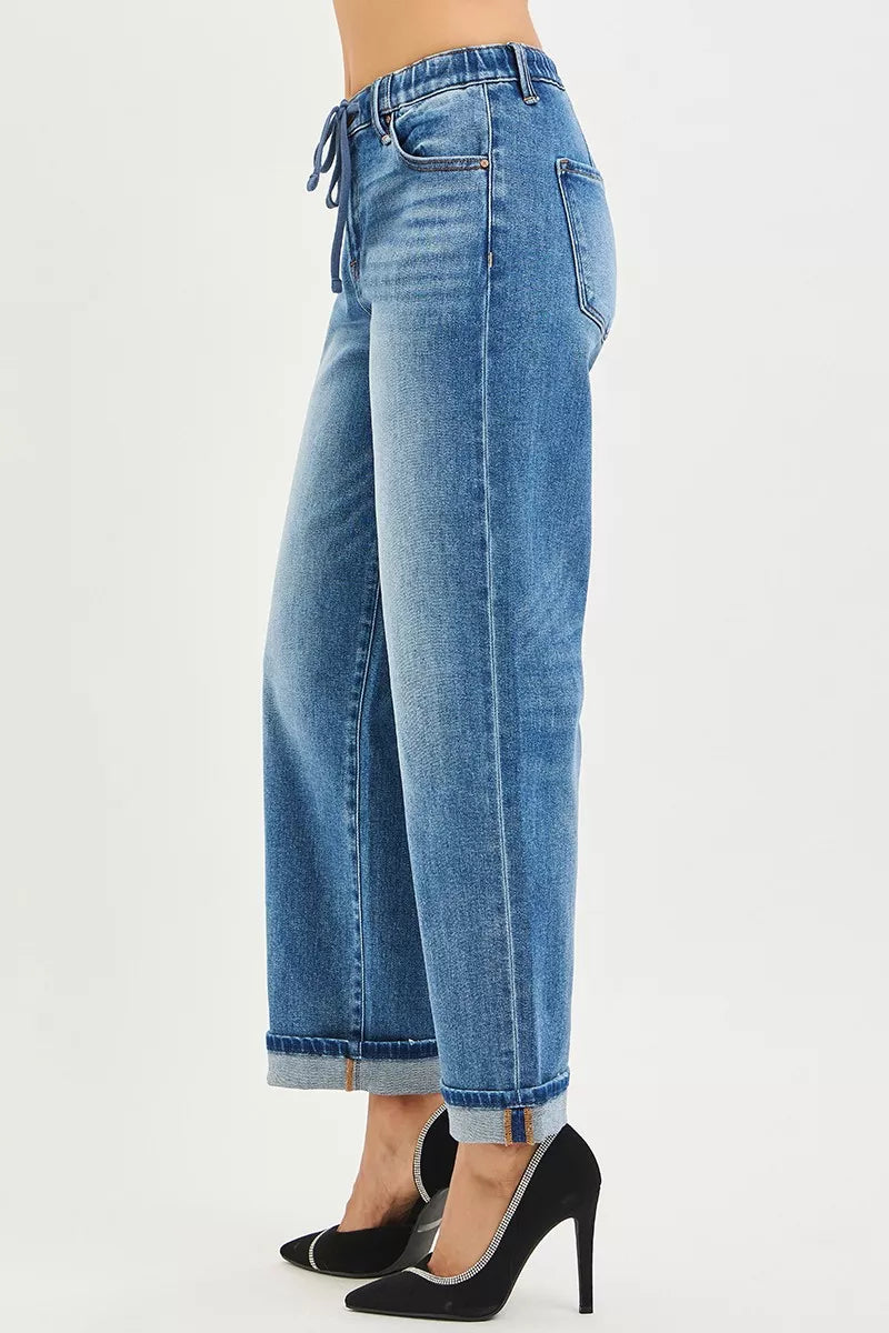 Drawstring slouch boyfriend jeans with cuffed ankle hem