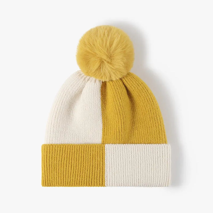 Yellow Color block ribbed knit beanie with faux fur pom-pom