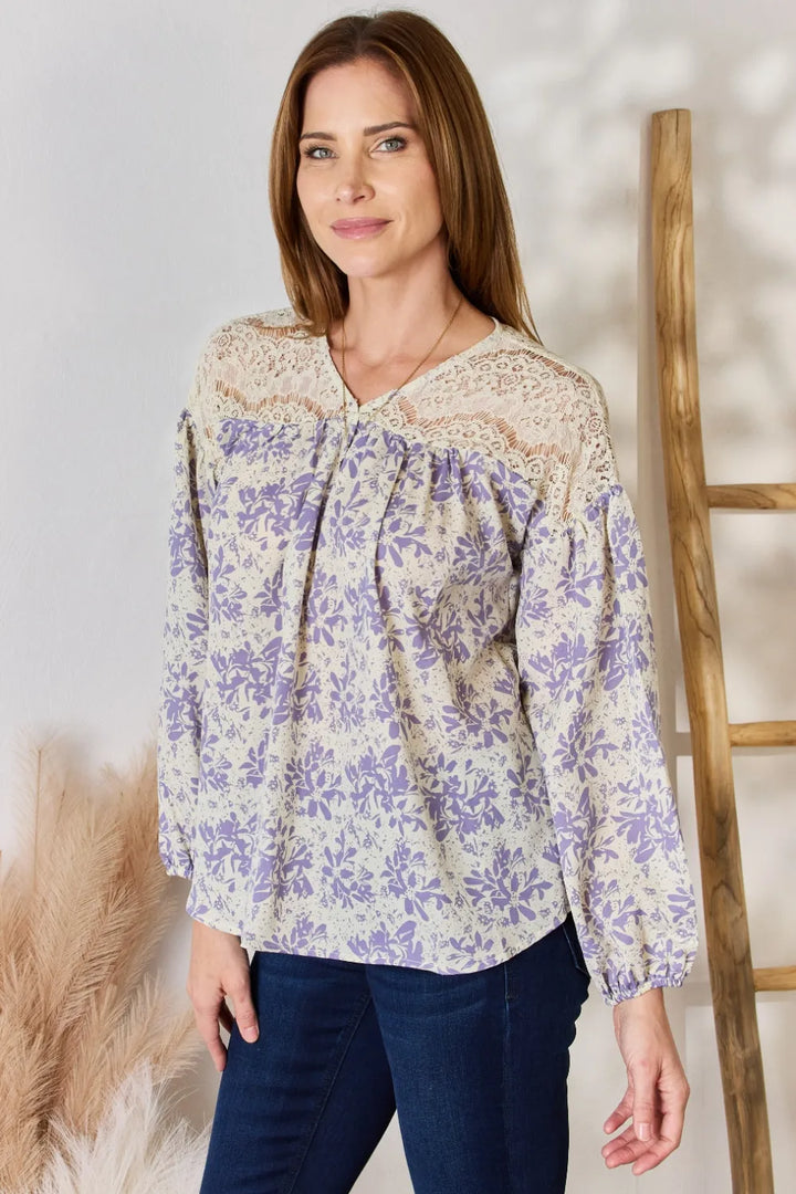Floral print blouse with lace yoke and balloon sleeves