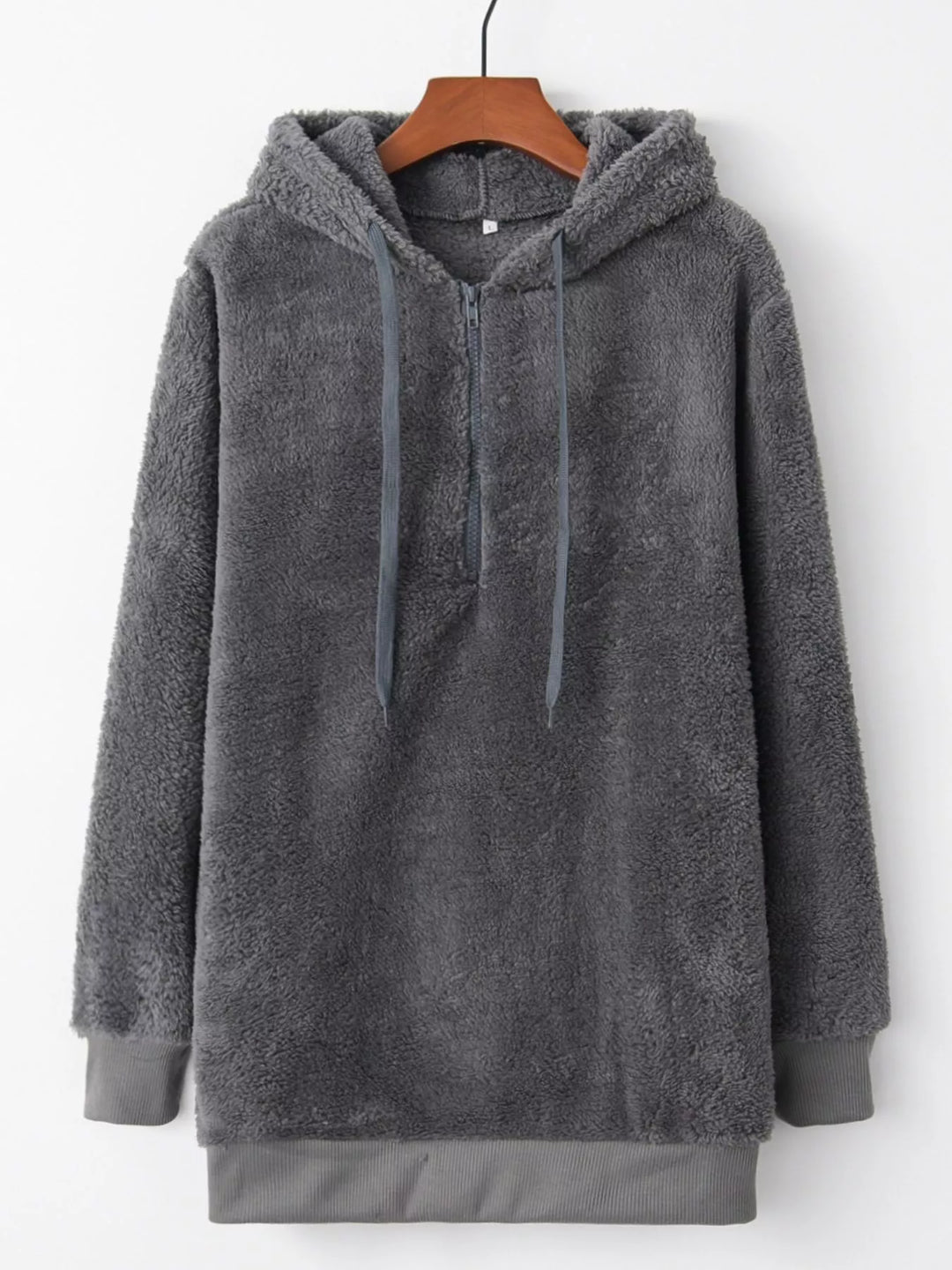Plush half-zip fleece hoodie with drawstring hood and pockets