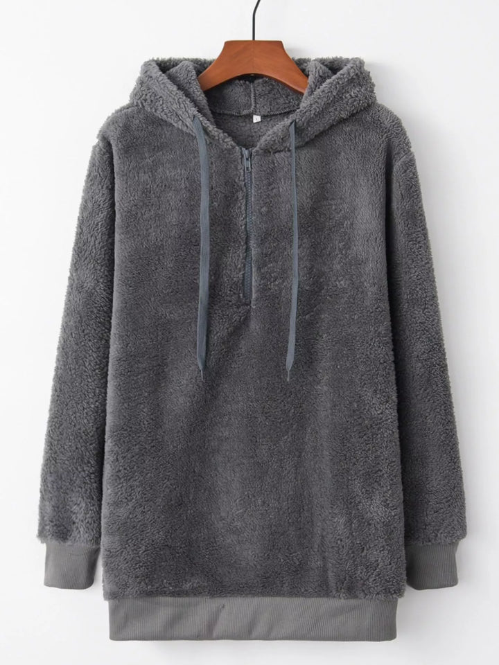 Plush half-zip fleece hoodie with drawstring hood and pockets