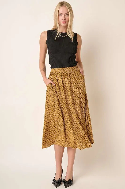 Mustard Geometric print A-line midi skirt with side pockets
