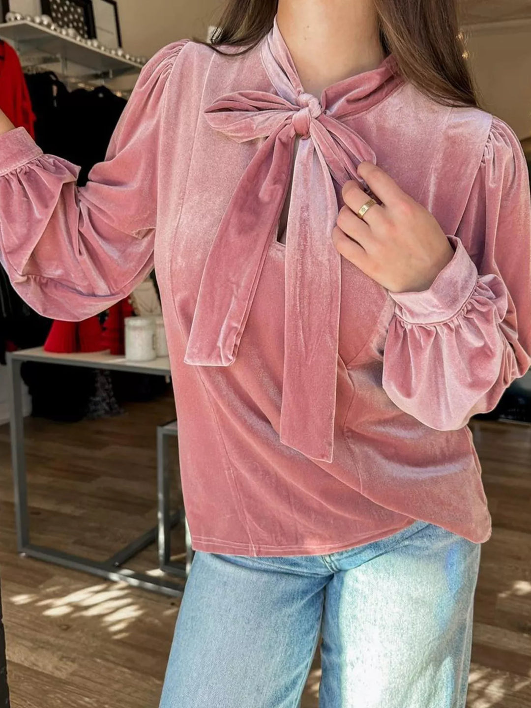Velvet tie-neck blouse with balloon sleeves