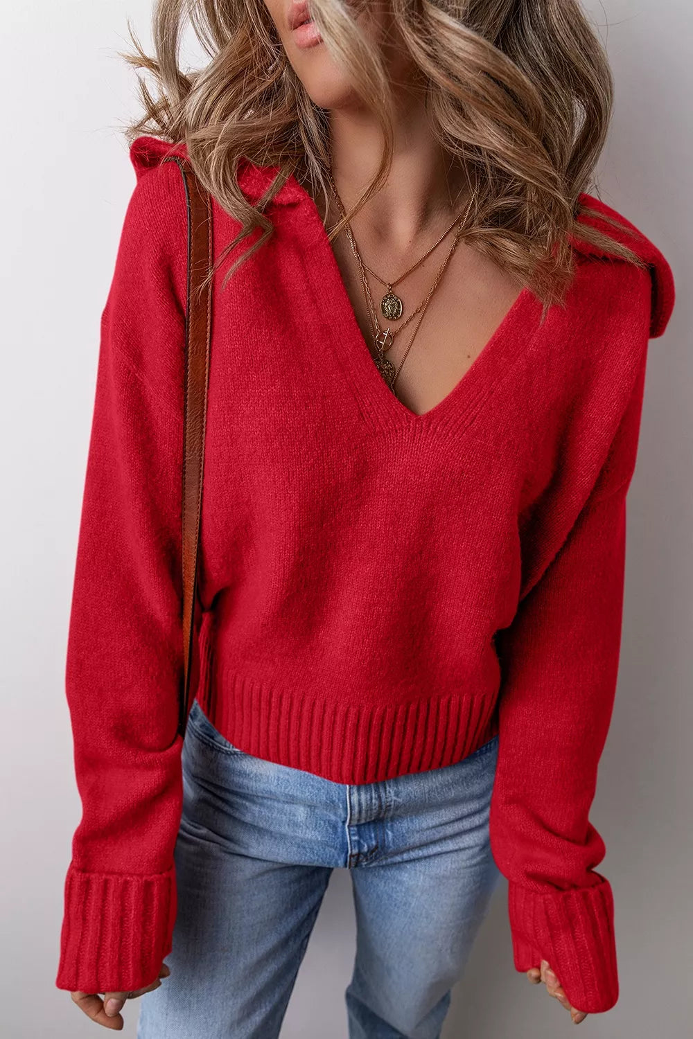 Deep Red Collared V-neck pullover sweater with ribbed hem