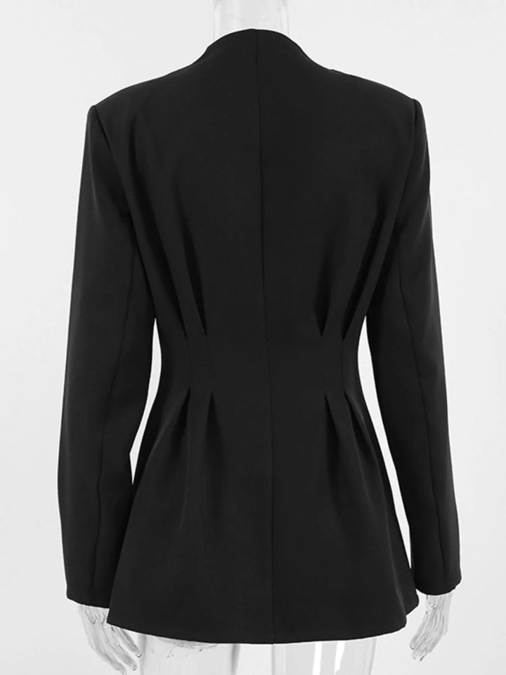 Collarless button-front jacket with cinched pleated waist
