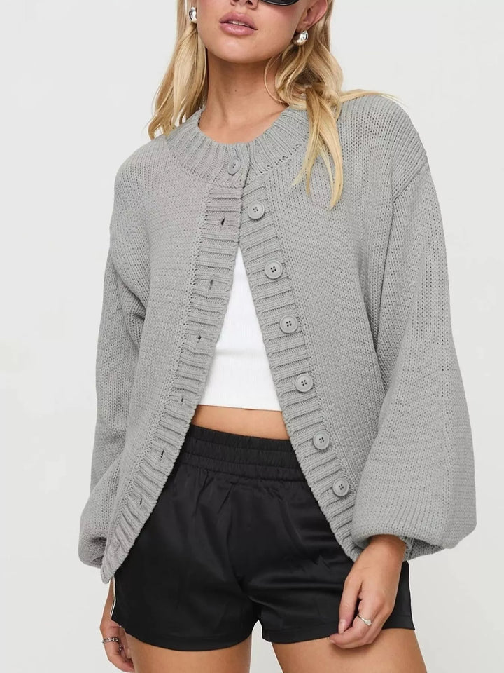 Gray Chunky knit button-up cardigan with ribbed trim