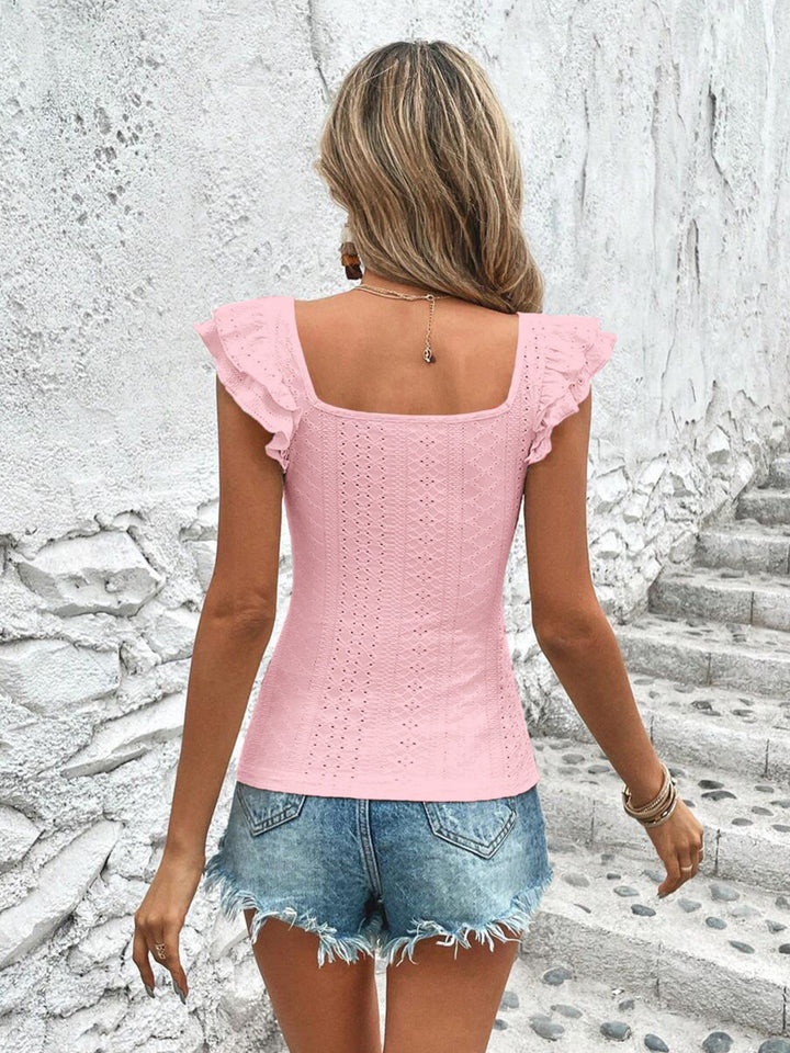 Square neck eyelet top with ruffle cap sleeves