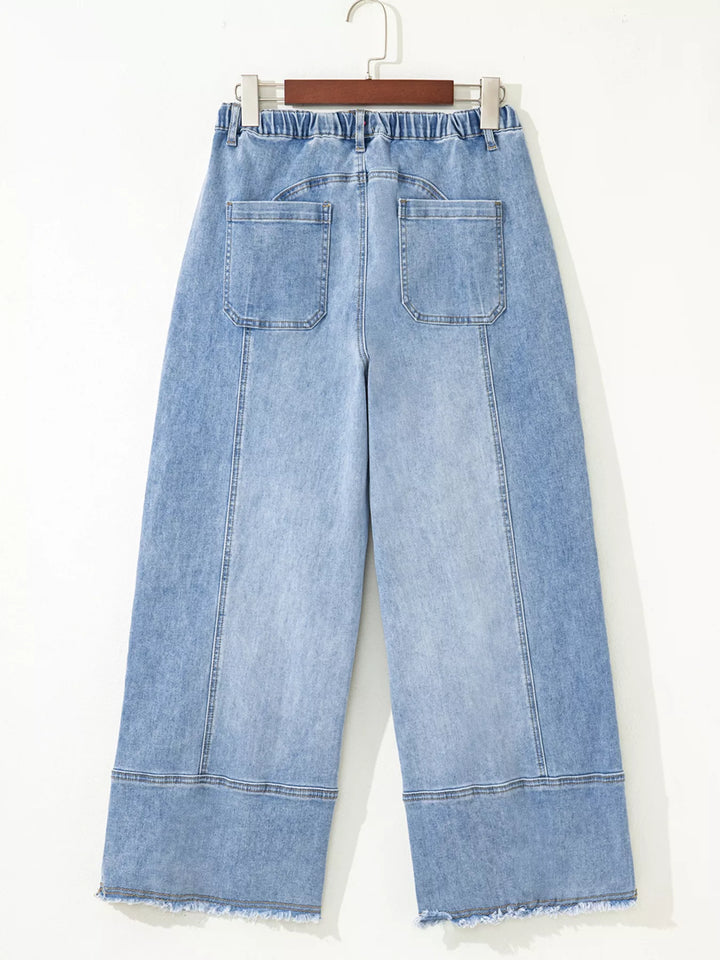 Wide-leg drawstring jeans with raw frayed hem