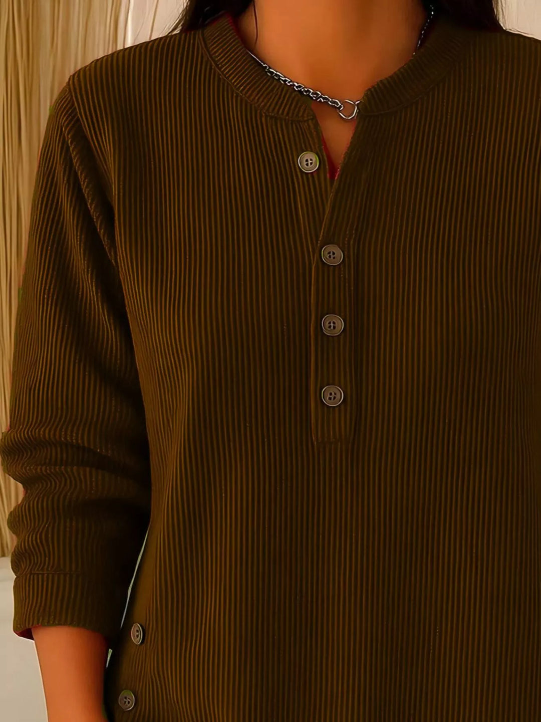 Ribbed half-button henley top with side buttons