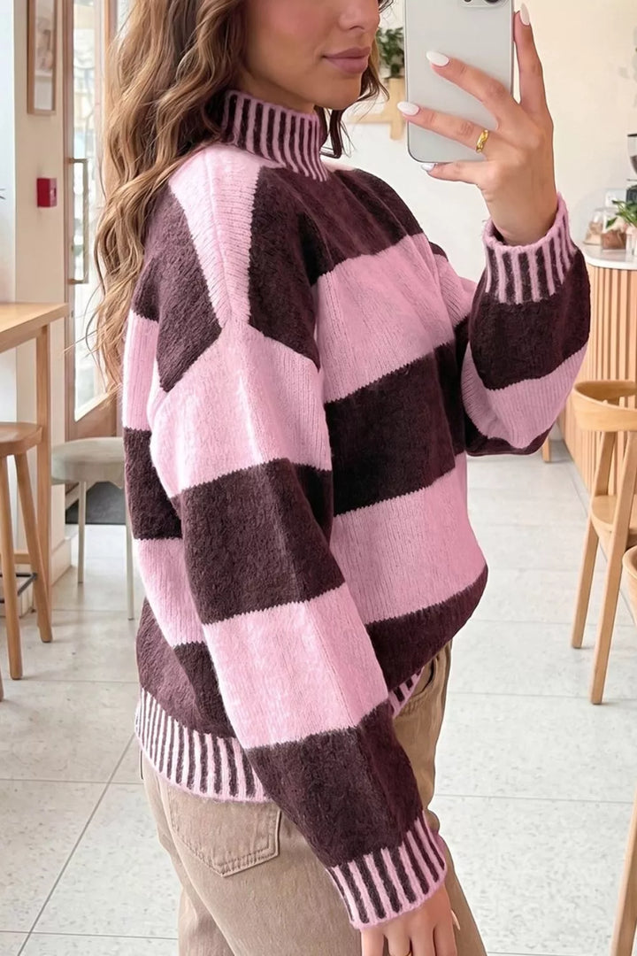 Wide stripe mock neck drop shoulder relaxed sweater