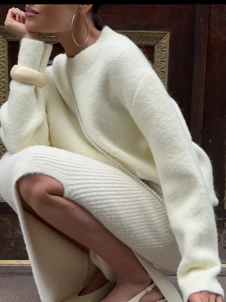 Dropped shoulder brushed knit crew neck sweater