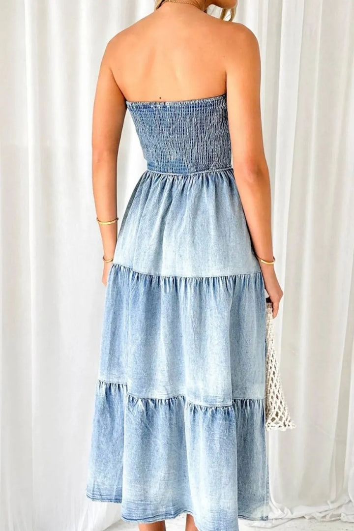 Smocked strapless tiered denim maxi dress with side slit