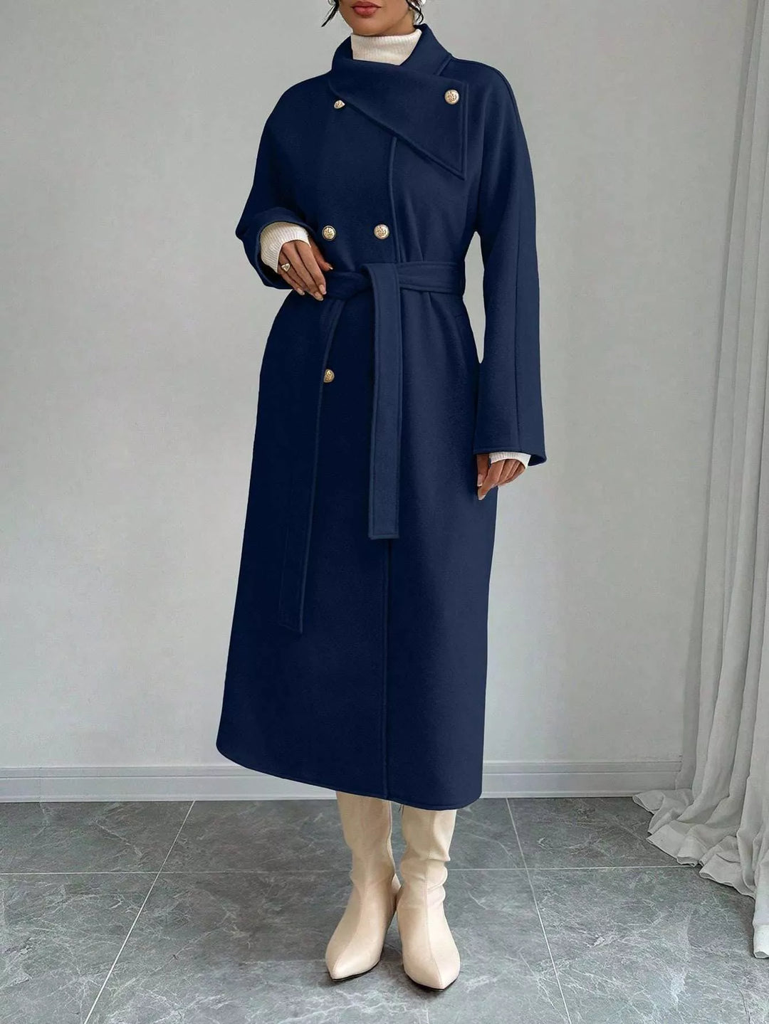 Double-breasted belted longline coat with stand collar