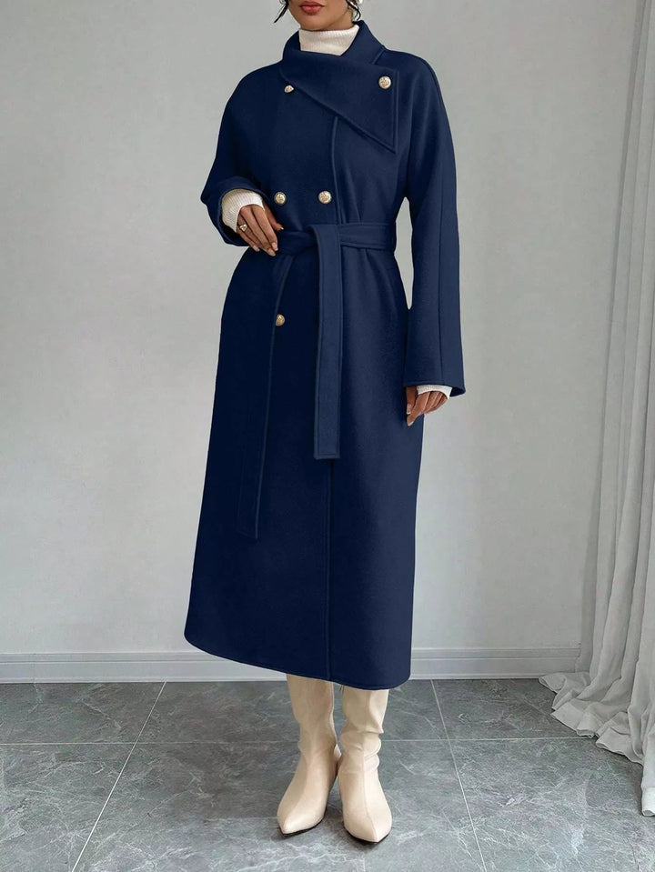 Double-breasted belted longline coat with stand collar