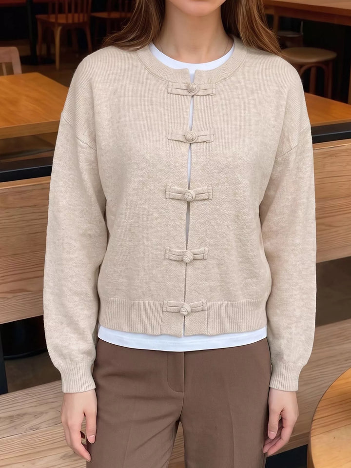 Knot button dropped shoulder knit cardigan