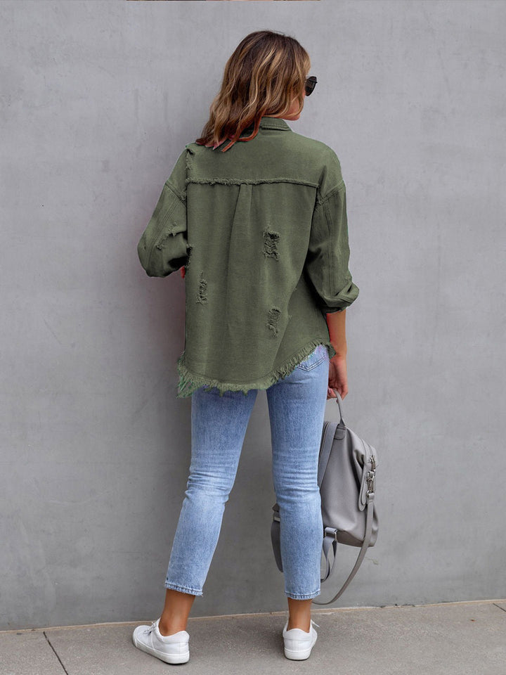 Distressed drop shoulder denim jacket with fringe hem