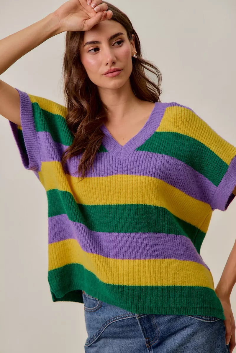 Ribbed striped V-neck short sleeve sweater top