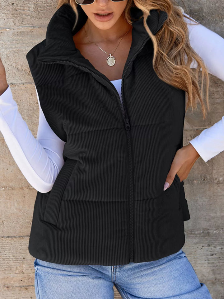 Black Corduroy stand collar zip-up puffer vest