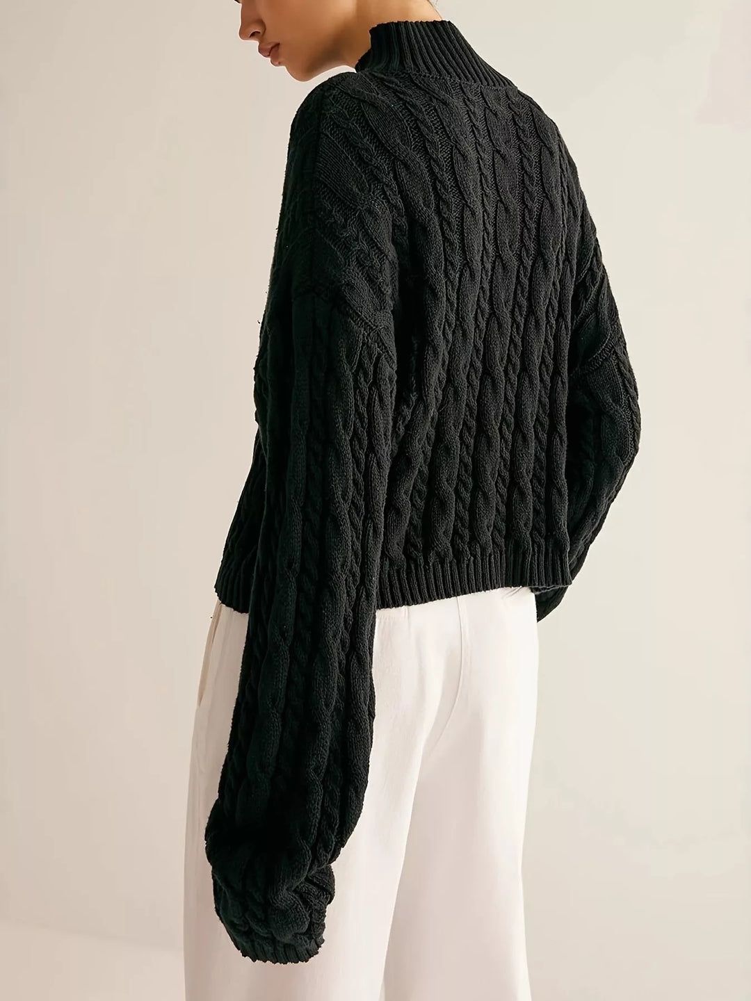 Cable-knit mock neck sweater with keyhole cutout