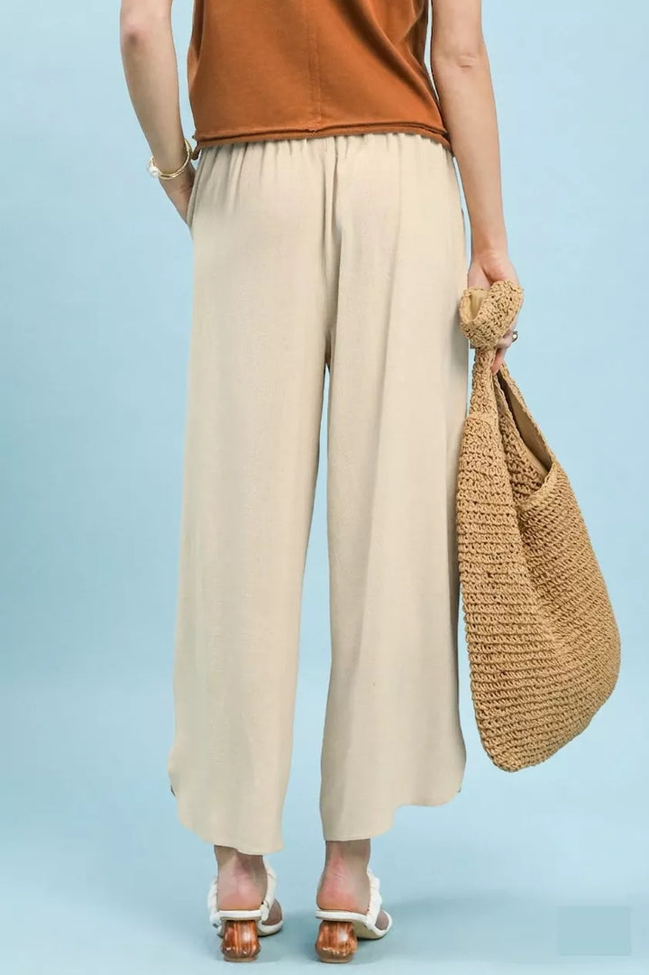 Embroidered wide-leg linen pants with elastic waist
