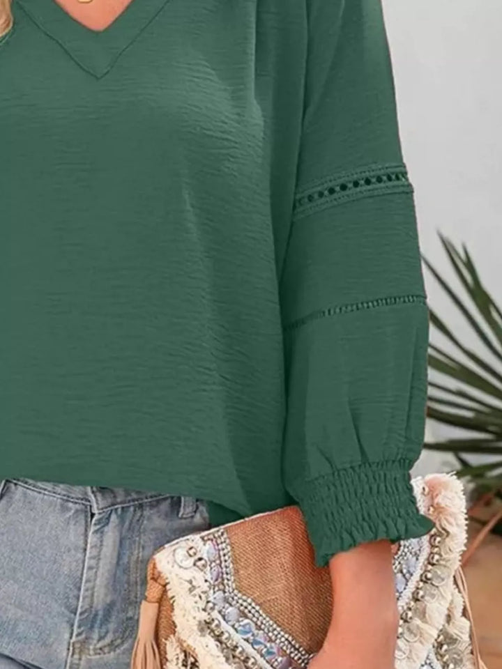 Openwork lace trim blouse with smocked cuffs and split neck