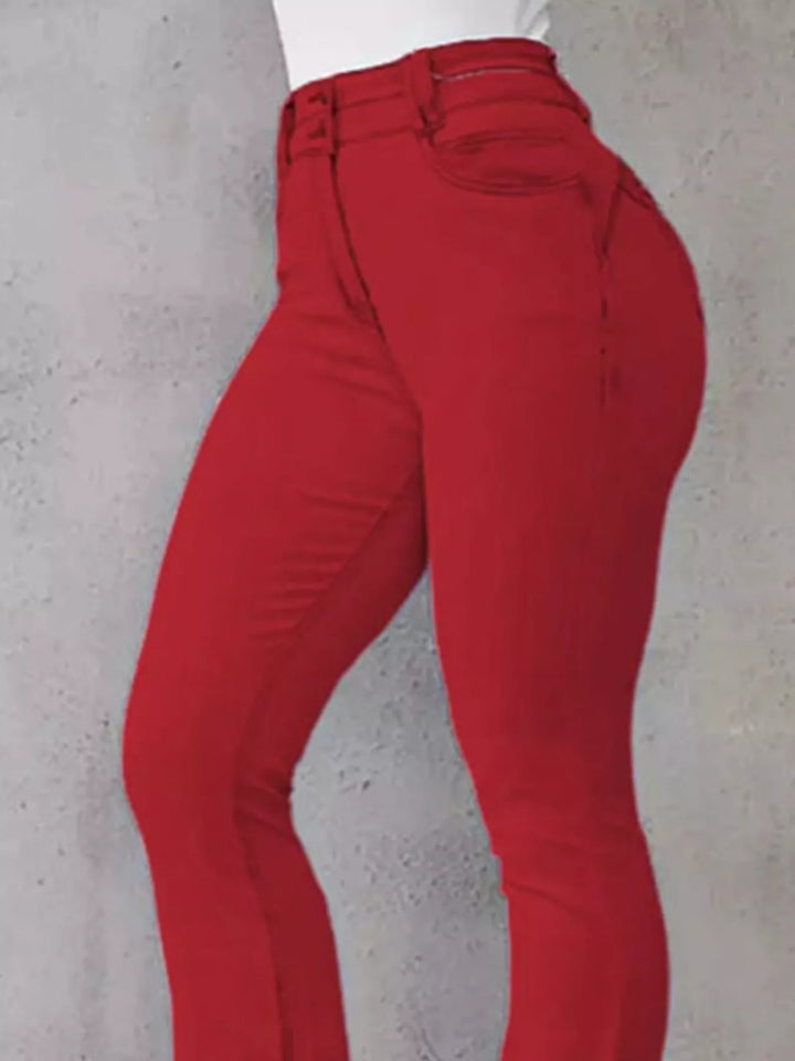 High-rise stretch flare jeans with double-button waist