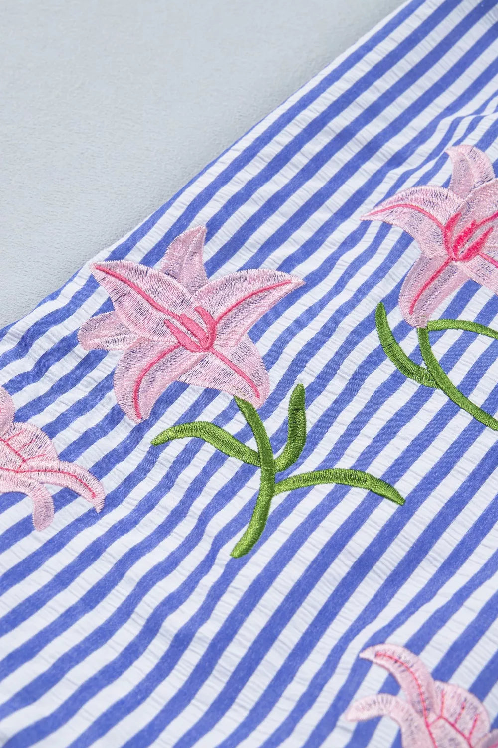 Striped floral-embroidered puff sleeve button-down shirt