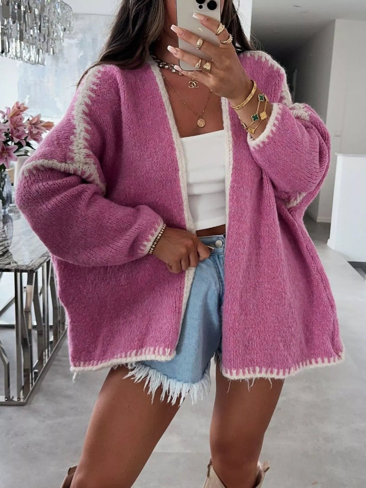 Hot Pink Contrast whipstitch trim open front knit cardigan