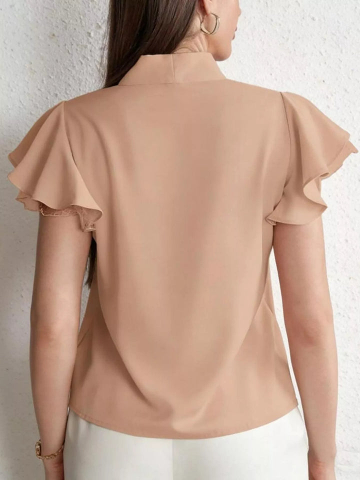 Tie-neck ruffle cap sleeve blouse with lace trim