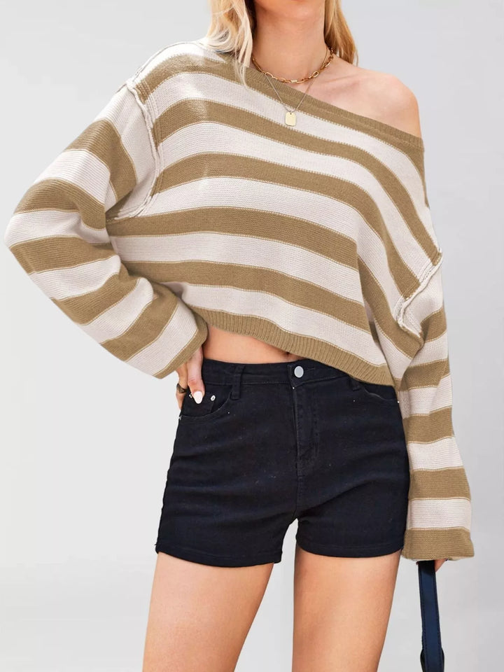 Khaki Striped oversized boat neck cropped sweater with exposed seams