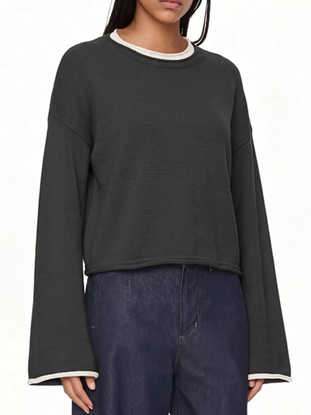 Drop shoulder crew neck sweater with contrast trim
