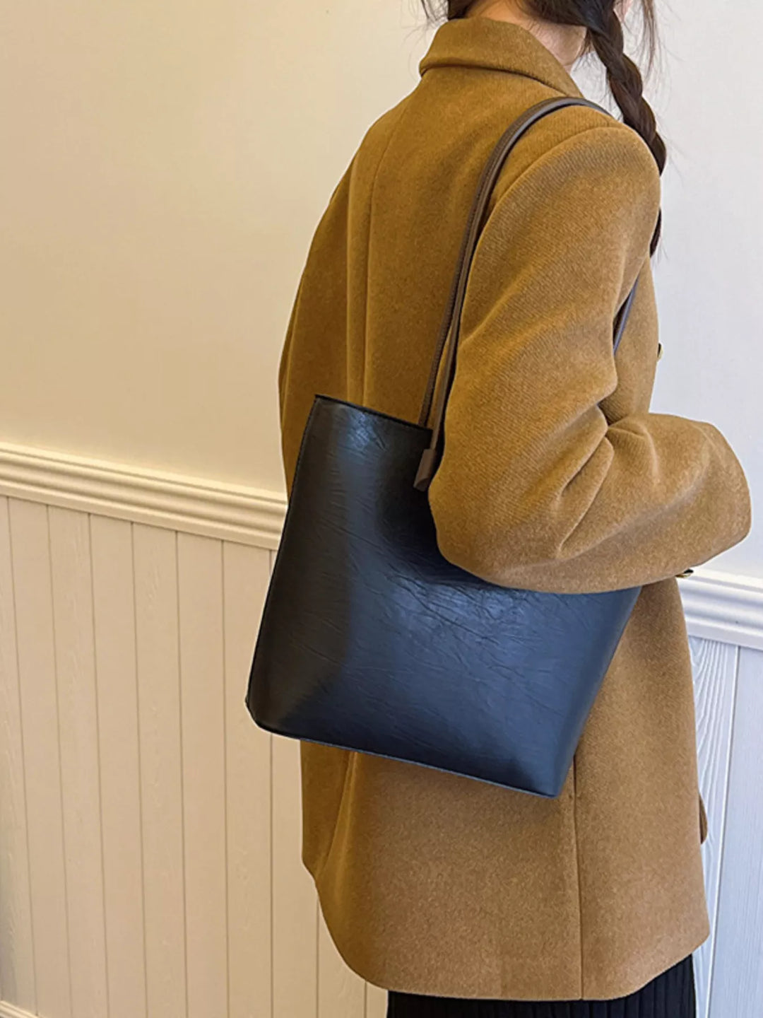 Faux leather shoulder tote bag with slim contrast straps
