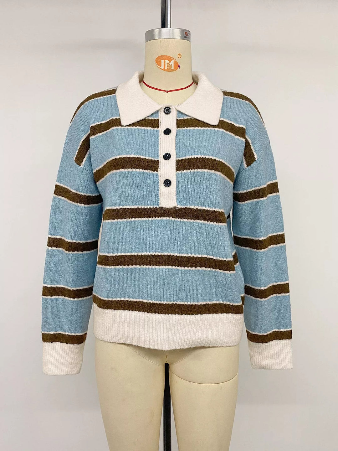 Striped knit polo collar sweater with button placket