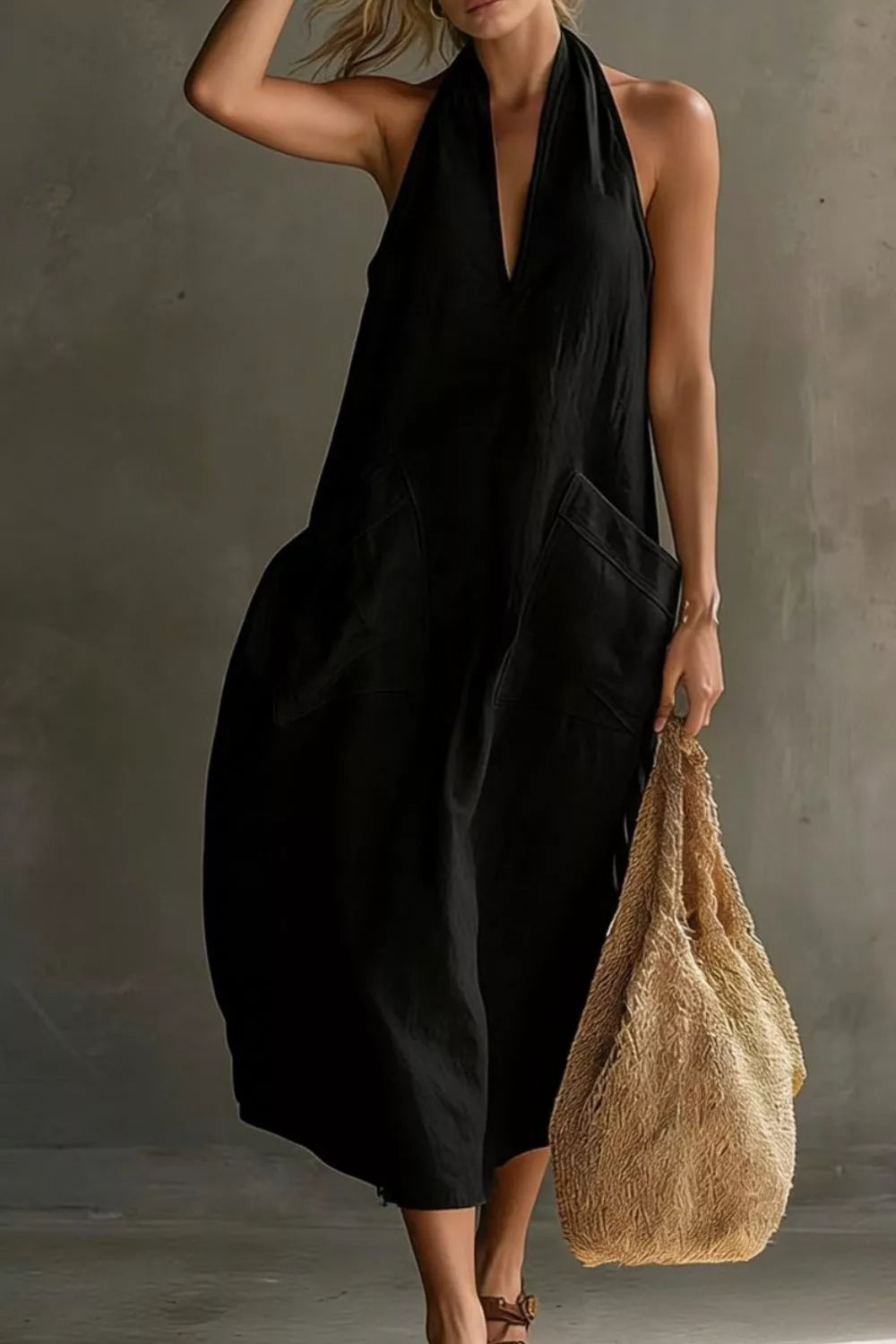 Relaxed halter neck midi dress with patch pockets